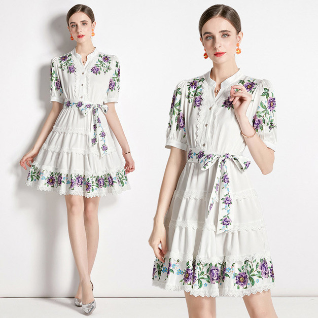 歐美減齡泡泡袖綁帶字水溶花短袖洋裝