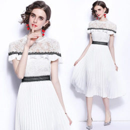 蕾絲中長裙洋裝 氣質收腰顯瘦字裙 百褶裙