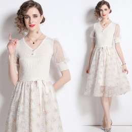 歐美針織洋裝網紗刺繡裙