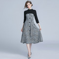 歐美端莊大氣復古時尚格子洋裝假兩件A字裙_1