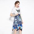 潮流簡約繡花T恤針織衫+印花百褶不規則半身裙_1
