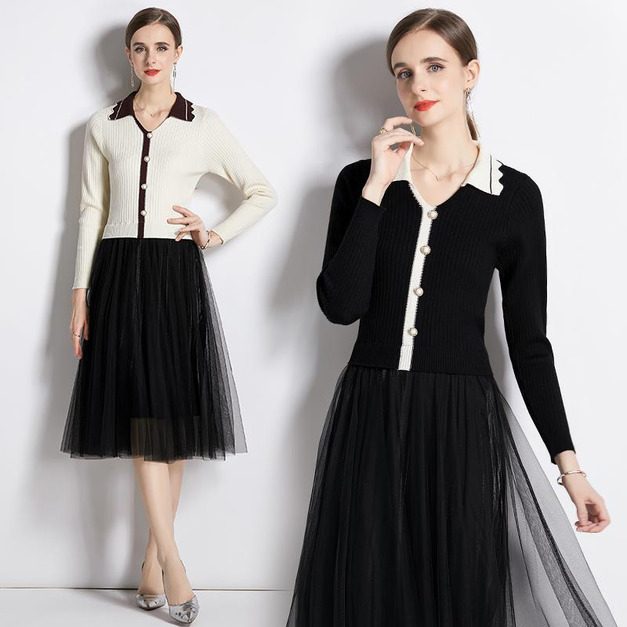 毛衣拼接網紗洋裝設計感收腰顯瘦翻領針織毛衣裙