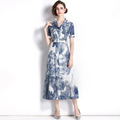 歐美休閒襯衫式印花長裙淡雅洋裝送腰帶_1