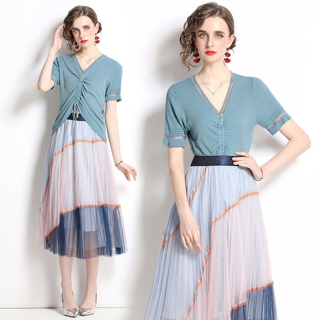 歐美時尚撞色網紗半身裙套裝洋氣針織兩件式