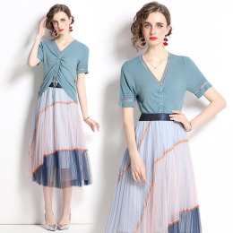 歐美時尚撞色網紗半身裙套裝洋氣針織兩件式