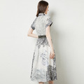 翻領印花中長版襯衣領收腰大擺洋裝短袖_2