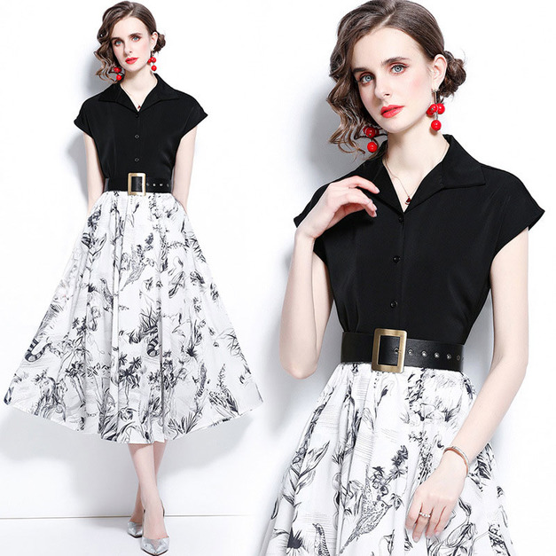 復古黑色V領襯衣+時尚印花大擺半身裙二件式-送腰帶