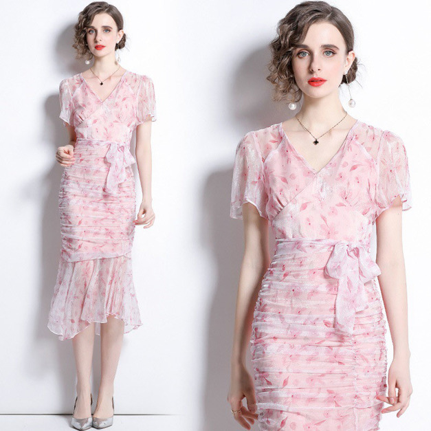 歐美印花領修身顯瘦包臀魚尾裙洋裝