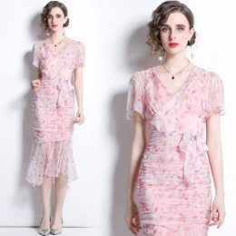 歐美印花領修身顯瘦包臀魚尾裙洋裝