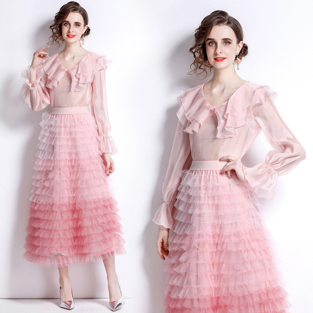 荷葉邊長袖上衣+高腰網紗層層蛋糕裙氣質多層紗裙半身裙套裝