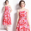 甜美印花度假風大擺裙收腰繫帶洋氣吊帶蛋糕連衣裙女洋裝