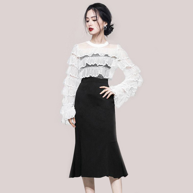 時尚圓領白色蕾絲荷葉上衣黑色魚尾半身裙加裹胸三件式