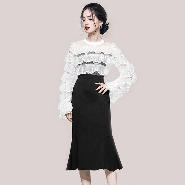 時尚圓領白色蕾絲荷葉上衣黑色魚尾半身裙加裹胸三件式