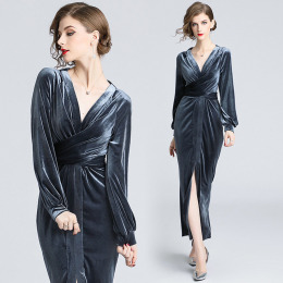 歐美時尚V領繫帶絲絨洋裝氣質禮服裙