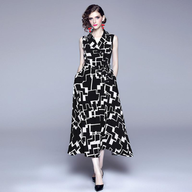 法式名媛長版背心裙禦姐大氣幾何印花大擺無袖洋裝