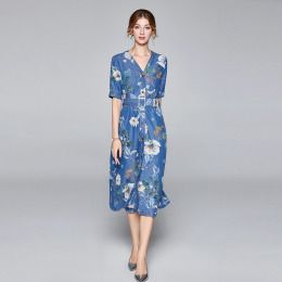 薄版垂感修身氣質收腰印花中長版天絲牛仔洋裝