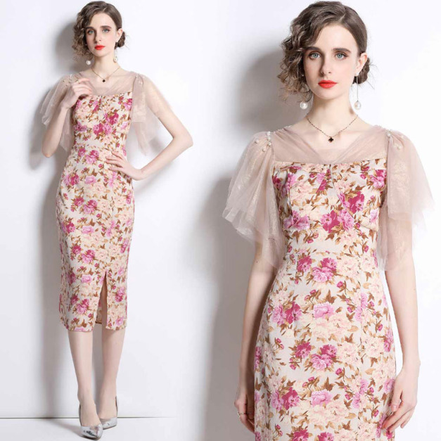 減齡碎花裙性感飛飛袖網紗拼接洋裝修身開叉裙子