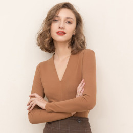 V領長袖棉質薄絨素色修身簡約歐美風打底衫