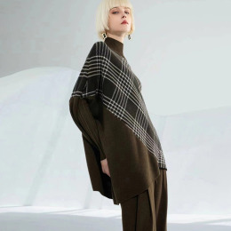 時尚慵懶寬鬆不規則針織衫女高領格子拼接蝙蝠袖毛衣