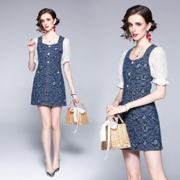 小個子女裝法式拼接蕾絲泡泡袖氣質收腰牛仔洋裝