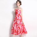 甜美印花度假風大擺裙收腰繫帶洋氣吊帶蛋糕連衣裙女洋裝_1