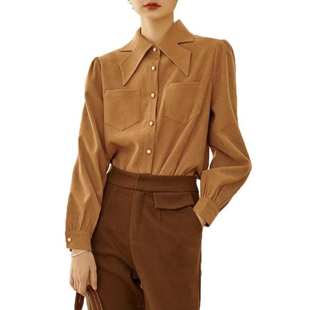 厚版長袖襯衫設計師款法式不規則燕尾領通勤復古長袖襯衫