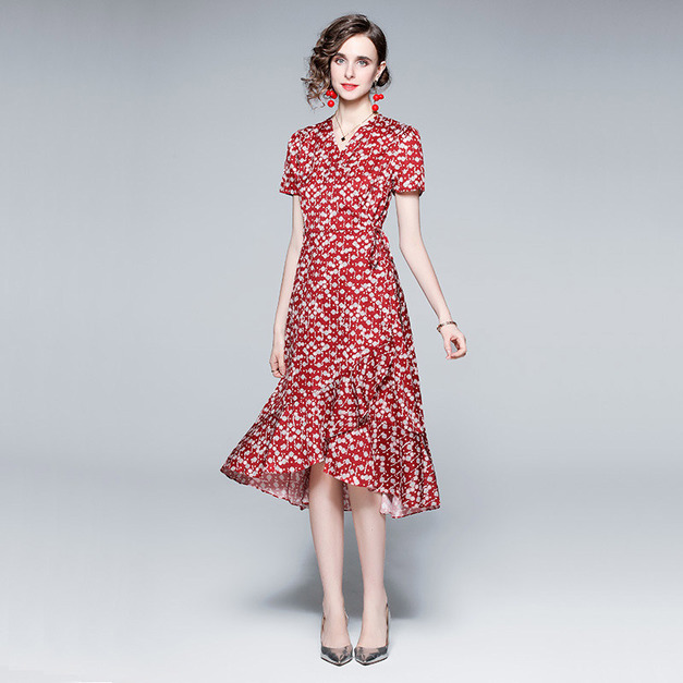 V領短袖氣質收腰碎花雪紡不規則下擺魚尾洋裝