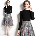 套裝立領打底針織衫+赫本提花復古大擺裙兩件式