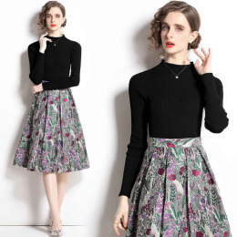 套裝立領打底針織衫+赫本提花復古大擺裙兩件式