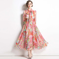氣質繫帶領波西米亞印花五分袖大擺長裙洋裝_1