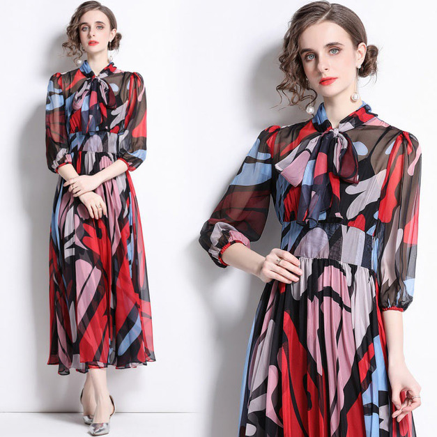 歐美風氣質領結印花修身顯瘦長袖長裙洋裝