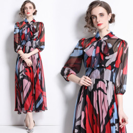 歐美風氣質領結印花修身顯瘦長袖長裙洋裝