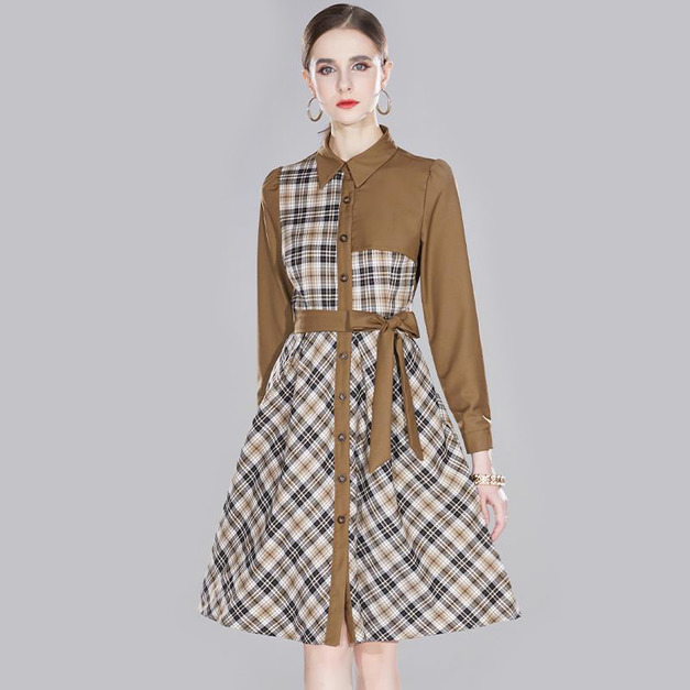 長袖拼接格紋洋裝繫帶收腰顯瘦翻領咖啡色襯衫裙