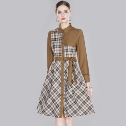 長袖拼接格紋洋裝繫帶收腰顯瘦翻領咖啡色襯衫裙