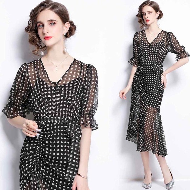 氣質法式點點波雪紡收腰顯瘦燈籠袖洋裝長裙裙子