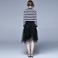 歐美風V領條紋針織拼接網紗半裙洋裝_2