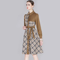 長袖拼接格紋洋裝繫帶收腰顯瘦翻領咖啡色襯衫裙_1
