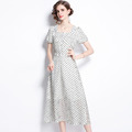 法式點點波長裙氣質收腰裙子短袖顯瘦中長版洋裝_1