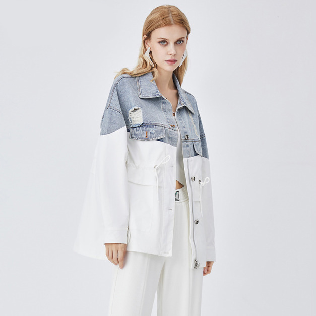 牛仔拼色時尚中長版外套減齡休閒工裝寬鬆上衣