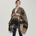 豹紋流蘇圍巾歐美街頭時尚仿羊絨開叉斗篷披風聚餐旅遊