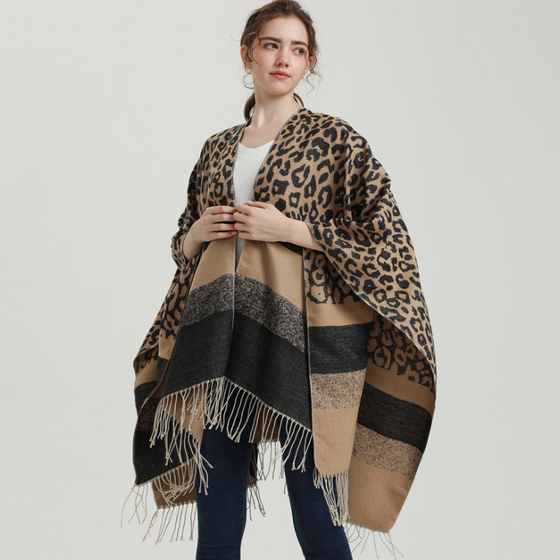豹紋流蘇圍巾歐美街頭時尚仿羊絨開叉斗篷披風聚餐旅遊