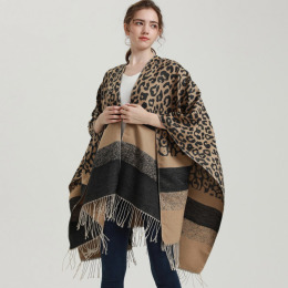 豹紋流蘇圍巾歐美街頭時尚仿羊絨開叉斗篷披風聚餐旅遊