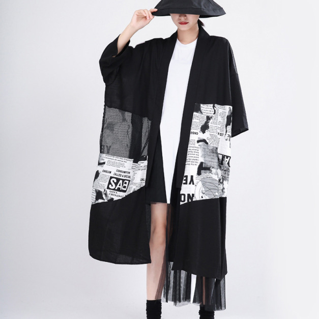 外套女復古港味中長版寬鬆拼接報紙七分袖外搭開衫防曬衣