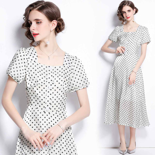 法式點點波長裙氣質收腰裙子短袖顯瘦中長版洋裝