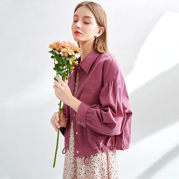 時尚翻領大口袋抽繩短外套寬鬆長袖夾克