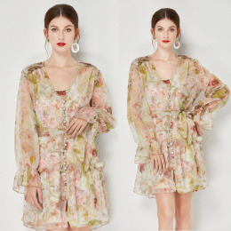 超仙花朵印花單排扣重工壓褶洋裝短裙顯瘦