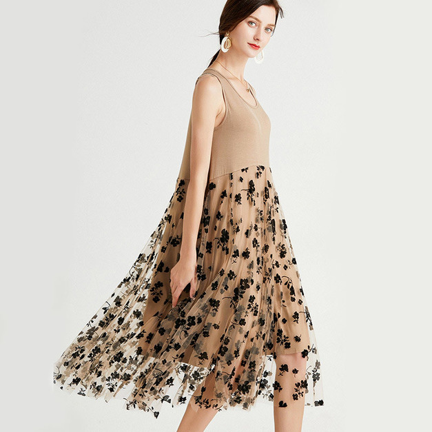 氣質顯瘦中長版無袖背心裙圓領大碼棉花糖女孩套頭網紗洋裝