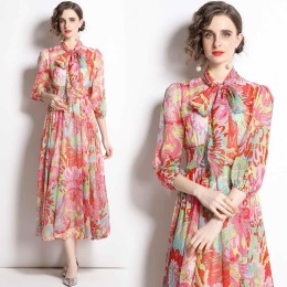 氣質繫帶領波西米亞印花五分袖大擺長裙洋裝