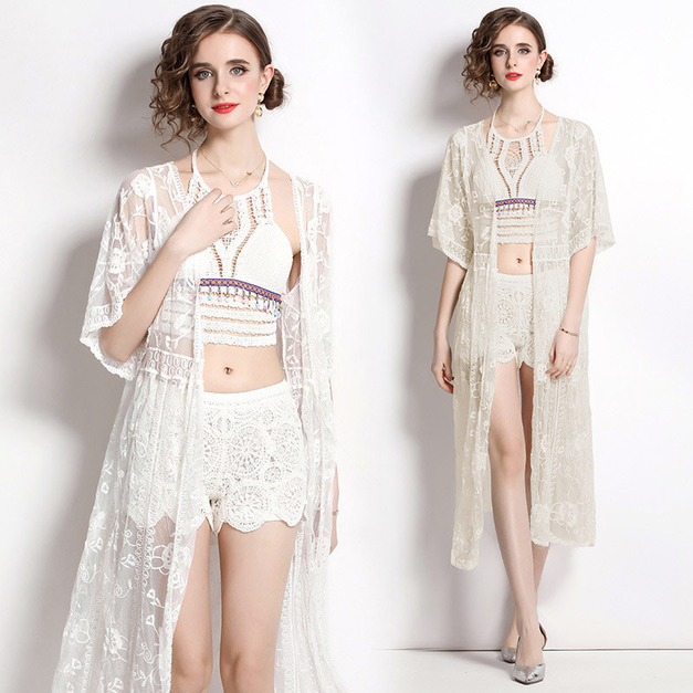 歐美度假性感套裝刺繡蕾絲流蘇吊帶短褲三件式
