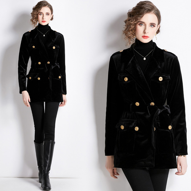 金絲絨西裝外套高貴洋氣雙排扣修身收腰中長版加棉保暖